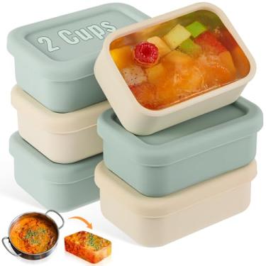 Imagem de Teenyyou 6 pacotes de moldes de silicone para congelador de sopa com tampa, bandejas retangulares reutilizáveis para preservação de alimentos, bandejas de gelo para sopas, molhos (verde sálvia, bege