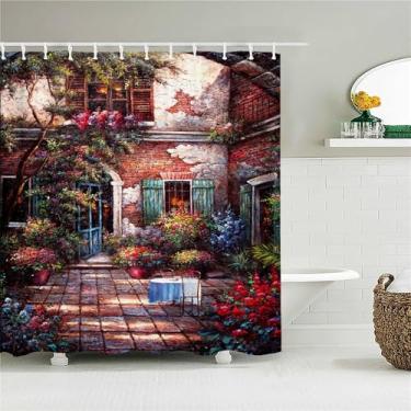 Imagem de Cortina de chuveiro de banheiro com impressão de paisagem de cidade rural, cortina de poliéster com pintura de cenário, decoração para casa, JK6785, L90 x A180 cm