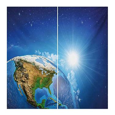 Imagem de Cortina blackout terrestre, vista dos Estados Unidos no espaço, sol nascente sobre a Terra e suas formas de relevo, para sala de estar ou quarto, L 182 x C 182 cm azul verde marrom pálido