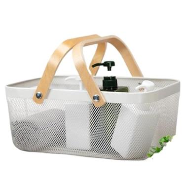 Imagem de Cesta Piquenique,Cesto Fruteira Organizador de UtensíLios Decorativo Caixa Organizadora Bambu E Inox(BRANCO GRANDE)