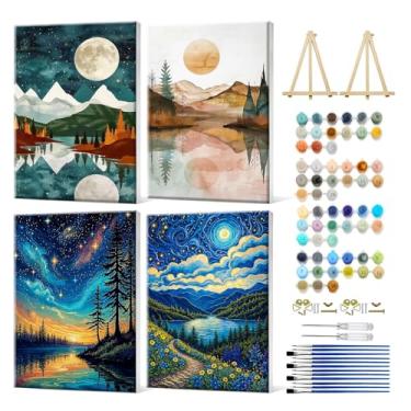 Imagem de JOOZ Pacote com 4 kits de pintura emoldurada por números para adultos, pintura de montanha por número com cavalete, céu estrelado, lua, lago, kit de pintura a óleo em tela, kit de pintura a óleo de