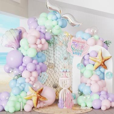 Imagem de Decorações de festa de sereia, 142 peças, guirlanda de balões rosa e roxo macaron com estrela do mar, concha de peixe e cauda de peixe, balão de alumínio para o verão, chá de bebê, artigos de festa de