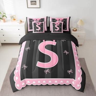 Imagem de jejeloiu Conjunto de edredom infantil de laço rosa com lençol solteiro, conjunto de cama de 7 peças, letra P personalizada em uma bolsa, borboleta nó princesa, todas as estações, letra P, decoração de