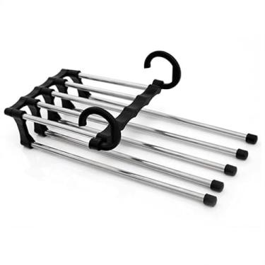 Imagem de Cabide Para Calças Inteligente 5 em 1 Inox Articulável - Economiza 80% do Espaço do Guarda-Roupa – Suspensão Horizontal ou Vertical, Ultra Resistente, Organização Para Calças, Jeans, Toalhas & Lenços