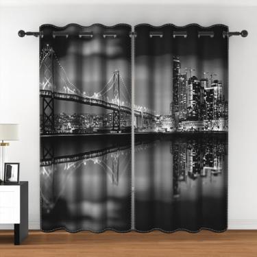 Imagem de Leyiyi Cortinas blackout modernas com vista noturna da cidade de São Francisco, arranha-céus, preto e branco, para sala de estar, quarto, café, decoração, cortinas de janela, 106 x 163 cm, 2 painéis