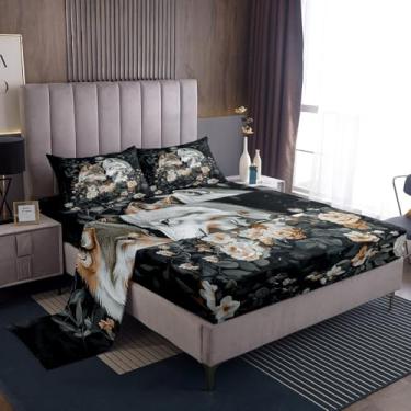 Imagem de Erosebridal Jogo de lençol King com estampa de lobo e flor rosa, estilo retrô, tribal, vida selvagem, floral, para adultos, homens e mulheres, estilo vintage, para decoração de quarto e 2 fronhas