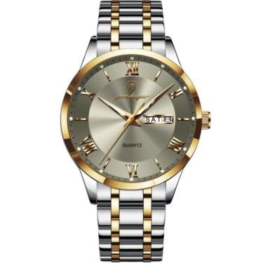 Imagem de Relógio Masculino Analógico Quartzo á Prova D´agua Em Aço Inoxidável Cinza Dourado