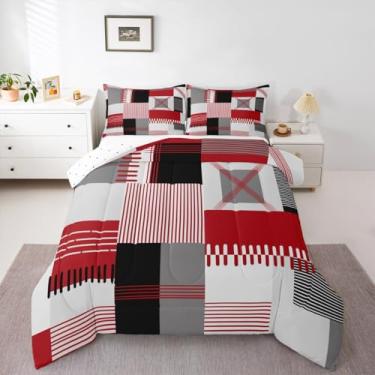 Imagem de Feelyou Conjunto de edredom geométrico, tamanho Queen, geométrico, vermelho, listrado, feminino, masculino, ultramacio, decoração de quarto para todas as estações, respirável e leve