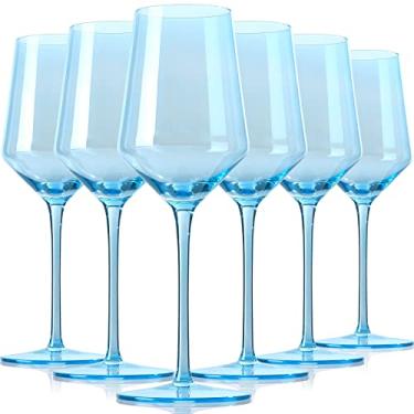 Imagem de Physkoa Conjunto de 6 taças de vinho azul - taças de vinho azul cristal com haste longa e borda fina, perfeita para casamento, aniversário, aniversário - 425 g