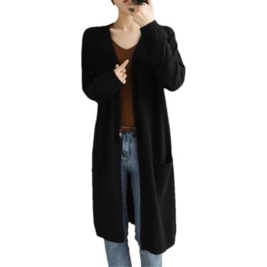 Imagem de Cardigans De Caxemira Feminino Sólido Outono Inverno Casual Longo Casaco De Malha Com Decote Em V, Black, S