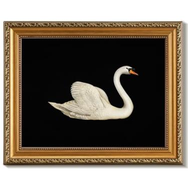Imagem de uniro Arte de parede vintage com moldura dourada para decoração de casa, decoração de cisne retrô, pintura a óleo animal, decoração de parede de banheiro, estampa clássica de cisne branco, imagem
