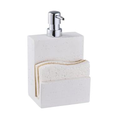 Imagem de Dispensador de sabão travertino branco com suporte de esponja – Garrafa bomba de sabão de resina com aparência de mármore para cozinha e banheiro, organizador de bancada 2 em 1, com 2 esponjas