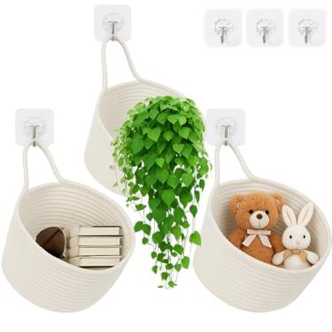 Imagem de ShellKingdom Cestas suspensas, pacote com 3 cestas de armazenamento de tecido, montadas na parede, com 3 ganchos, bolsas Boho para casa, escritório, sala de estar, banheiro, porta, parede, decoração