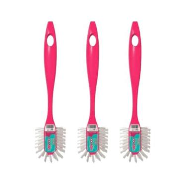 Imagem de Kit 3 Escova Noviça Longo Alcance Box Pia Piso Ralo Casa, Rosa
