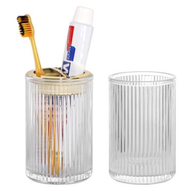 Imagem de Tonxus Suportes de escova de dentes para banheiros, 2 peças de suporte de escova de dentes de vidro, copo de banheiro de 340 g e copo de enxaguante bucal, escova de dentes e organizador de pasta de