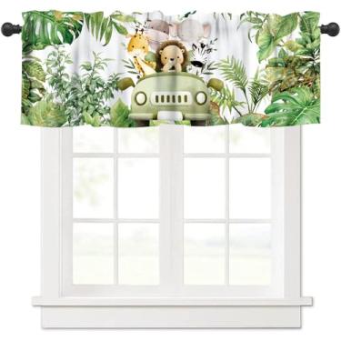 Imagem de Cortina de safári da selva, animais de safári, tropicais, plantas verdes, naturais, ramos, folhas, estampa floral, blackout, tratamento de janela curta para quarto de crianças, sala de estar, 137 x 45