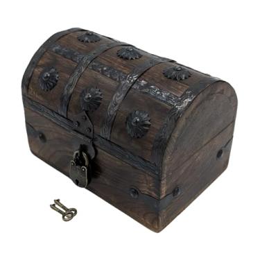 Imagem de Aiden Asher Baú de tesouro pirata feito à mão - Caixa de armazenamento de madeira com fechadura de ferro e chave de esqueleto - Joia decorativa rústica, brinquedo, geocache ou baú de lembrança (PP 16