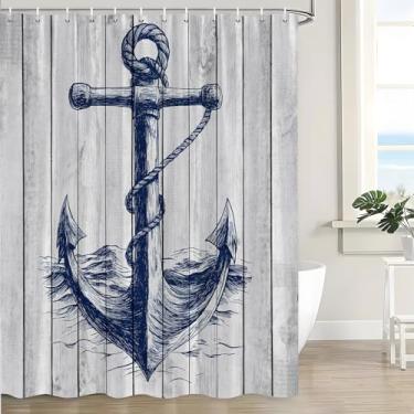 Imagem de JWJAMM Cortina de chuveiro âncora náutica azul marinho âncora onda do mar oceano praia vintage mar rústico litoral marinho retrô grunge madeira celeiro porta aventura cortinas de banho com gancho, 187