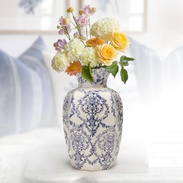 Imagem de Vaso de flores de cerâmica azul e branco de 24 cm, vaso vintage para decoração de mesa, prateleira de mesa, cornija francesa, decoração country