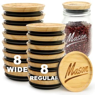 Imagem de 8 peças de boca regular, 8 peças, tampas de pote de vidro de boca larga, tampa reutilizável de bambu para latas, tampas herméticas de madeira para copos de vidro, tampas de silicone para potes de