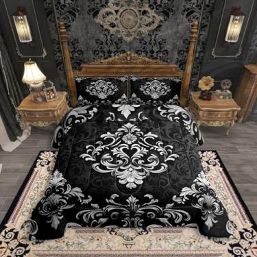 Imagem de Erosebridal Conjunto de edredom gótico preto e cinza, tamanho king, edredom floral, boêmio, exótico, gótico, para crianças e adultos, conjunto de cama de flores barroco vitoriano, 3 peças
