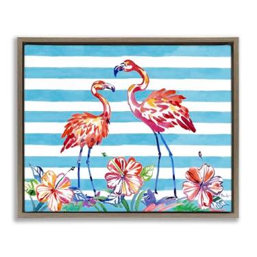 Imagem de Stupell Industries Arte de parede em tela flutuante marrom com flamingos escovados e hibisco por Paul Brent, 64 x 79 cm