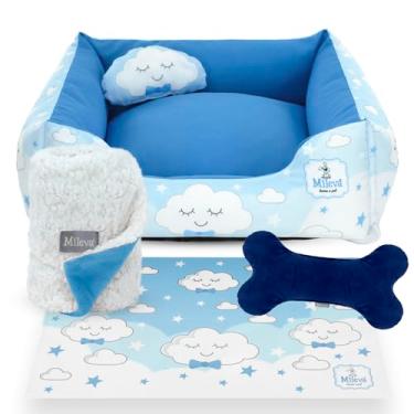 Imagem de Cama Pet Oxford + Coberdrom + Brinquedo Ossinho + Tapetinho Estampado 05 Peças - Mania – Premium 2 (70x70 cm, Nuvem Azul)