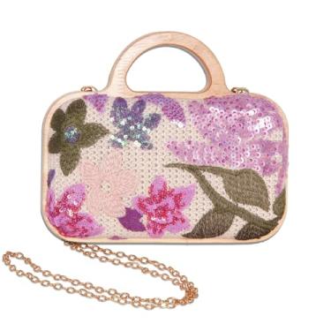Imagem de VNIMTI Bolsa de noite com bordado floral de lantejoulas, bolsa de contas de palha para mulheres, linda bolsa feminina de madeira com corrente para casamento, festa