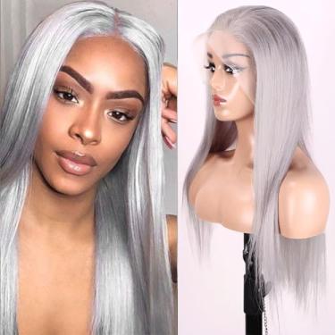 Imagem de Mysyty Peruca de cabelo humano frontal frontal cinza prateado liso para mulheres peruca de cabelo humano cinza pré-arrancada 10A 13x4 HD peruca frontal com cabelo de bebê 55 cm densidade 180