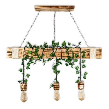 Imagem de Luminária Pendente De Madeira Rústica 3 Bocais Barril + Hera - Delenha