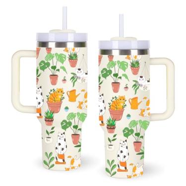 Imagem de momocici Copos para gatos e plantas. Copo de gato de 1,134 g com alça presentes para mulheres. Presente de copo para gatos de 1,134 g. Presente de aniversário para amantes de gatos, presentes para