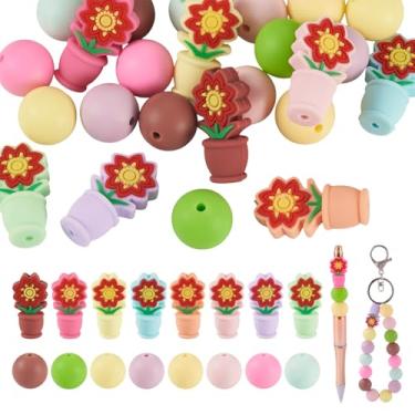 Imagem de Boutigem 24 contas de silicone para vaso de flores coloridas de 15 mm contas redondas de chiclete de borracha, vaso de flores 3D, contas focais para caneta DIY com contas, chaveiro, cordão, pulseira