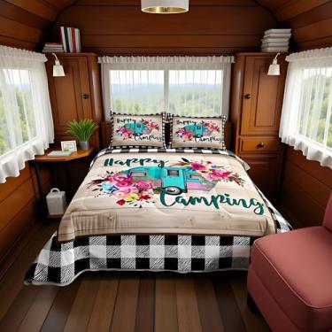 Imagem de Manfei Conjunto de edredom solteiro para trailer, 2 peças, decoração de trailer, xadrez de madeira, vintage, casa de fazenda, com 1 fronha