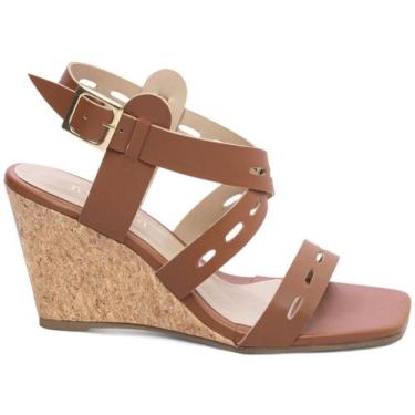 Imagem de Sandália Anabela Salto Plataforma 7 cm Feminina Fivela Dourada Caramel