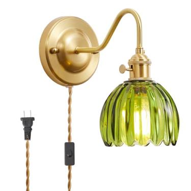 Imagem de YJQHXY Arandela de parede vintage plug-in com sombra de vidro verde – Soquete E26 de latão, montagem fácil com interruptor, conversível para fio, luz de destaque para quarto, penteadeira, corredor