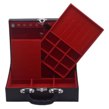 Imagem de Caixa Maleta Estojo Porta Joias Bijuterias Dupla Media com espelho Preta(INTERNO VERMELHO)