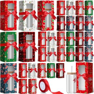 Imagem de Windyun Caixa de presente com 36 peças de copo de Natal com fita para vidro de sublimação, caixas de presente transparentes para copos de vidro de 340 g, 473 ml, 590 ml, embalagem para potes de caneca