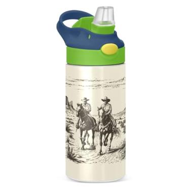 Imagem de Boccsty Garrafa de água infantil Horse Cowboys com tampa de palha, copo reutilizável de aço inoxidável isolado deserto selvagem americano para meninos e meninas 350 ml verde