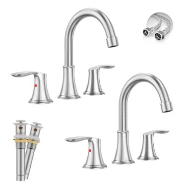 Imagem de Phiestina Torneira de banheiro de níquel escovado com 3 furos de 20 cm, 2 unidades, duas alças, torneira de pia de banheiro de aço inoxidável com dreno pop-up de metal e linhas de abastecimento de