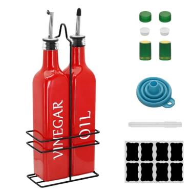 Imagem de Conjunto de dispensador de óleo e vinagre Farmhouse, 500 ml, lindo dispensador de azeite, inclui uma prateleira de aço preto e um funil, galheteiros vintage para vinagre e óleo (vermelho)