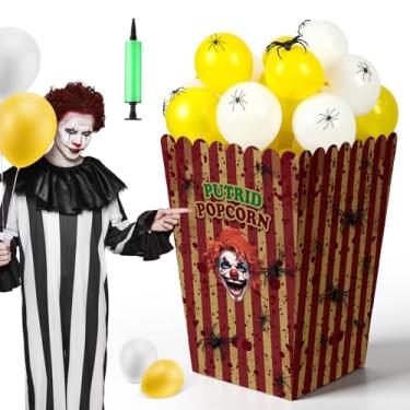 Imagem de Seenelling 91 peças de caixa de pipoca gigante assustadora de palhaço assustador de Halloween grande suporte de exibição de pipoca de papelão sangrento com balões aranhas falsas para carnaval, noite