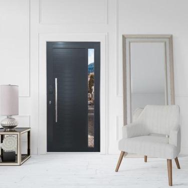 Imagem de Porta Pivotante de Alumínio 210 x 100cm com Visor e Fechadura Digital Linha 30 Esquerda Preto