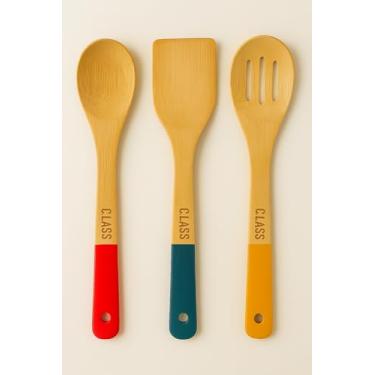 Imagem de Kit De Utensilios de Cozinha Em Bambu Premium 30cm Conjunto 3 Peças Colher, Espátula, Colher Vazada