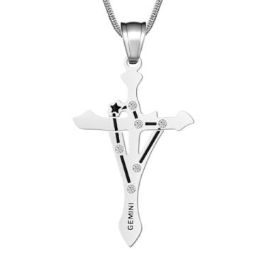 Imagem de Colar masculino da constelação do zodíaco, pingente de cruz de aço inoxidável, coleção de 12 sinais, joia astrológica com caixa de presente para mulheres, ONESIZE, Aço inoxidável, Sem Pedra Preciosa