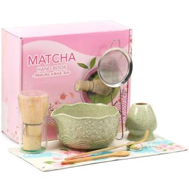 Imagem de Zuxmvot Conjunto de 8 peças de batedor Matcha, conjunto de tigelas Matcha com bico, tigela, batedor e suporte, colher de bambu, descanso de colher, peneira e toalha de chá, amante de chá tradicional