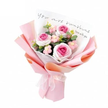 Imagem de Orichane Buquê de flores de crochê feito à mão com tulipa de girassol e margarida rosa