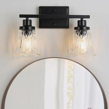 Imagem de JOPESO Luminárias de banheiro, preto fosco 2 luzes de banheiro sobre espelho com sombra de vidro, lâmpada de arandela de parede de banheiro para espelho sala de estar quarto corredor (preto, 2 luzes)