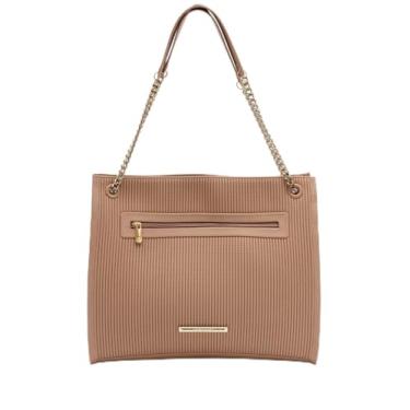 Imagem de Bolsa Feminina Elegante, Bege, Sintético com Textura Canelada, Alça de Corrente Dourada, Zíper Externo, Estilo Casual