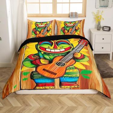 Imagem de Erosebridal Jogo de cama com estampa Tiki Bar Happy Hawaii Party com tema musical de guitarra e estampa Tiki colorida para decoração de quarto de crianças, meninos, meninas e adolescentes