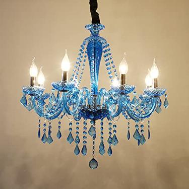 Imagem de Lustre de cristal azul, luzes rústicas de teto para sala de estar com 8 braços, luz pendente elegante para quarto, corredor e ilha de cozinha